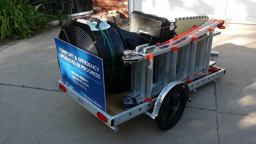 64AW bicycle trailer loaded with all the equipment needed for a home energy audit