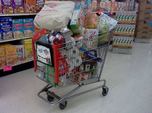 the grocery cart just before checkout is overflowing with groceries