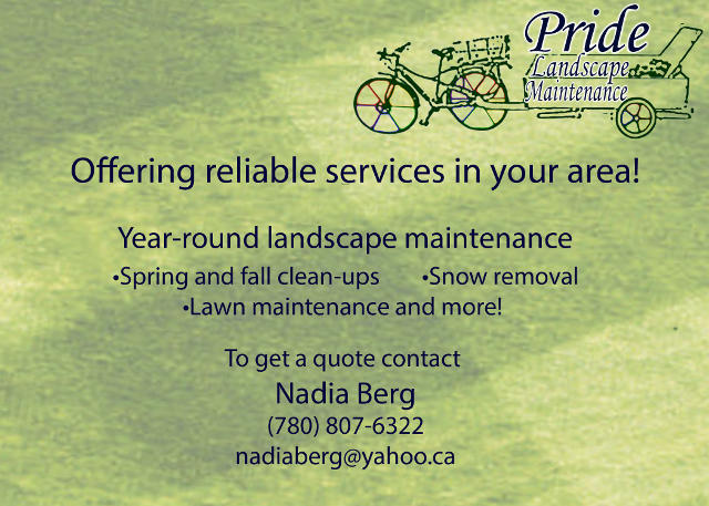flyer for Pride Landscape Maintenance describing the year-round services offered along with phone number and email address