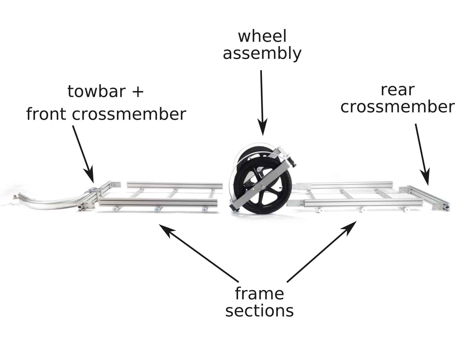 breakdown of 64B trailer into towbar + front crossmember, wheel assembly, rear crossmember, and two frame sections