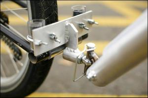 Xtracycle rear bicycle trailer hitch, shown with right angle adapter on towbar